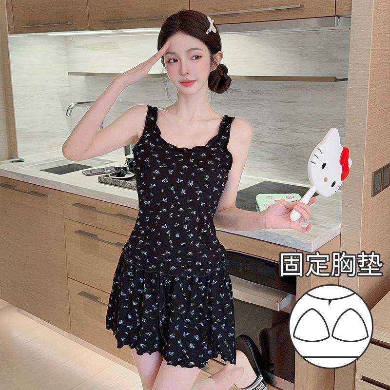 Summer new human cotton modal vest shorts set small fresh floral pajamas women s loungewear with chest pad M
