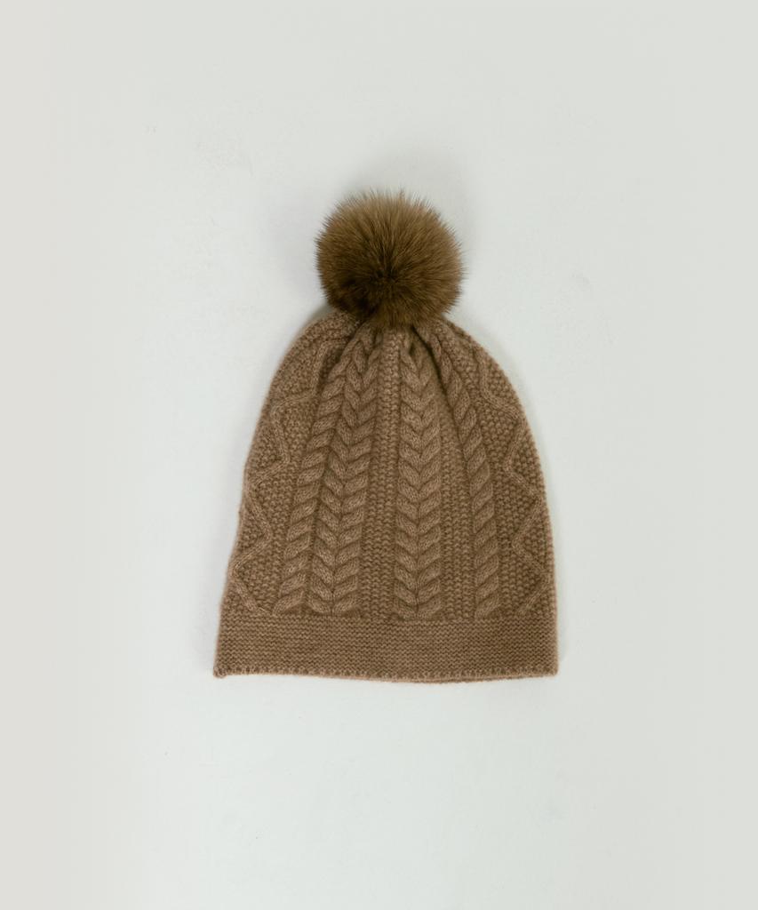 LEI AVERY Merino Wool Cable Pom-Pom Beanie (Brown)