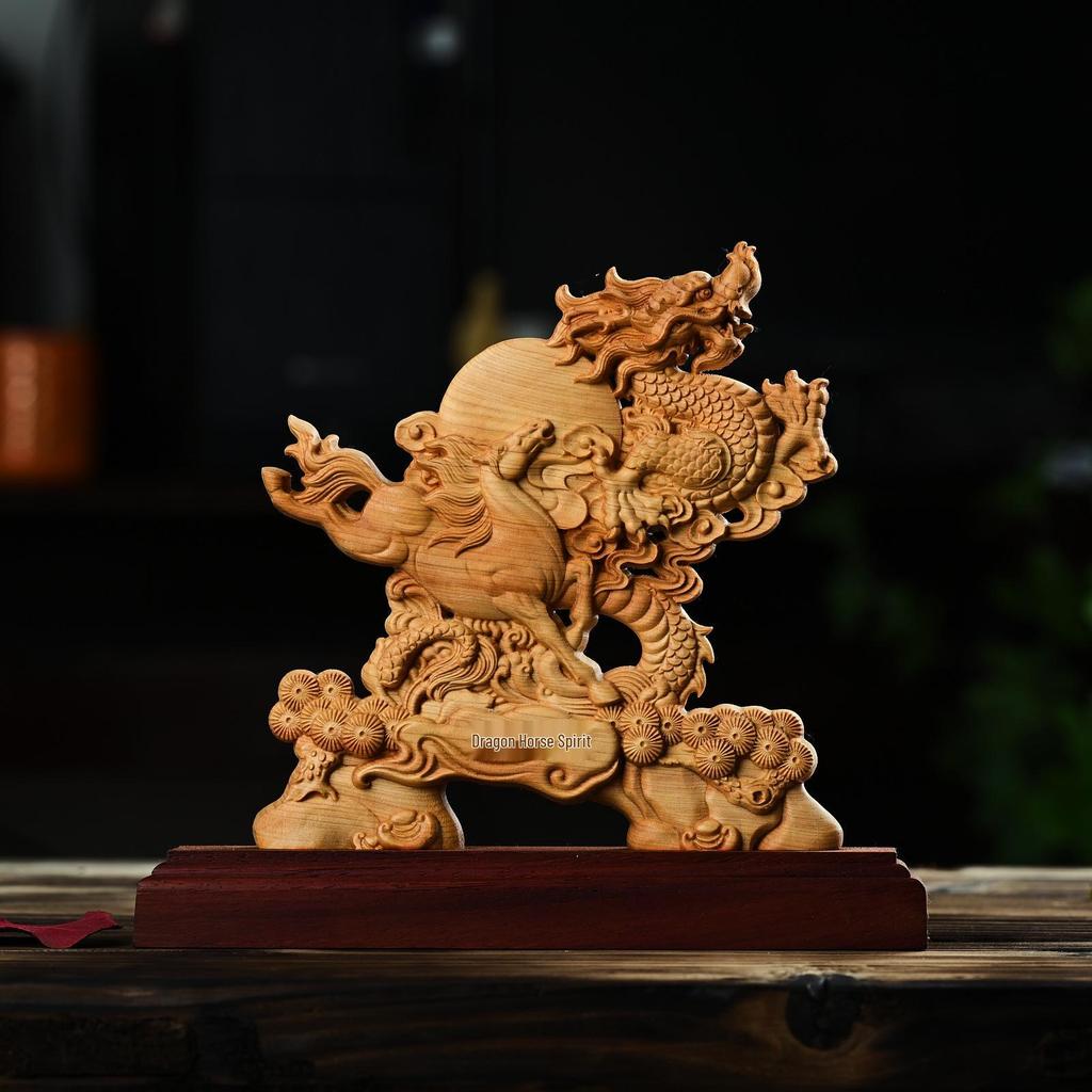 Dragon Horse Spirit Carving - Cliff Cypress Wood Decoration for Home/Office, Housewarming, or New Beginnings