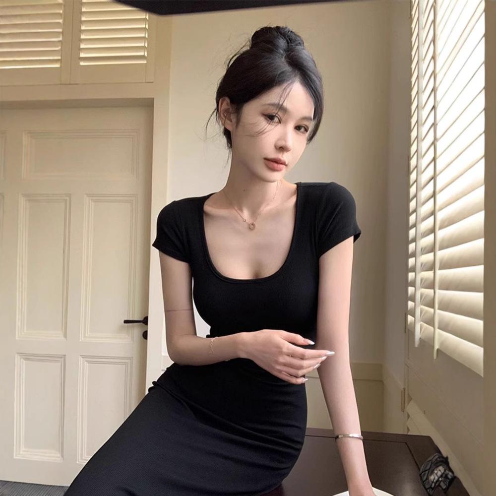 

Black dress women s summer new long dress temperament coffee break French waist thin hip skirt S чёрный