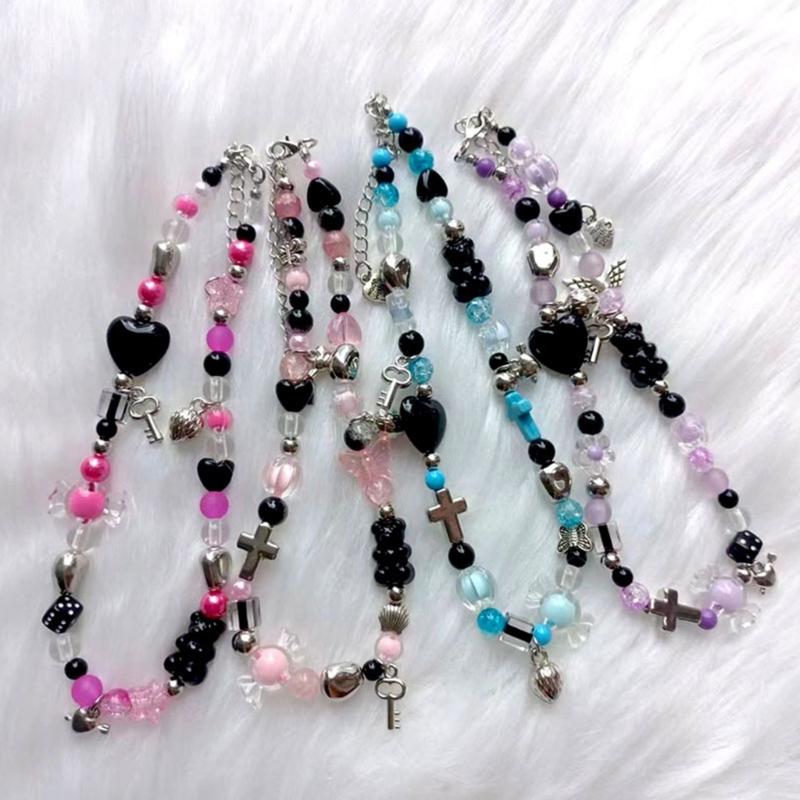 Handmade Heart Choker Delicate Beads Necklace Acrylic Alloy Material Bead Choker Necklace Perfect Gift for Trendy Girls