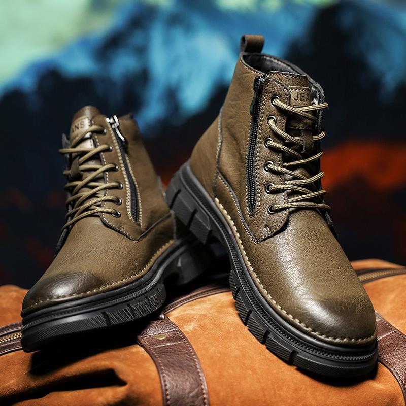 Soft Men's Genuine Leather High Top Shoes Classic Motorcycle Boots Leisure Walk Travel Mid-Calf Ankle Boots Warm Plush Fur Shoes
