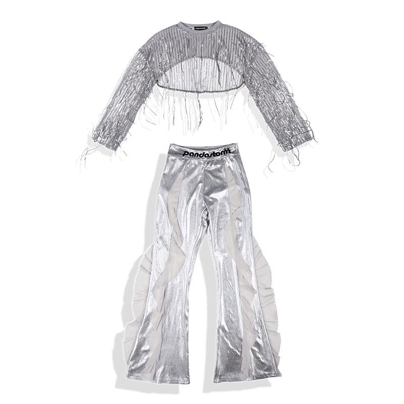 Girls' Sequin Tassel Jazz Dance Outfit - Mesh Long Sleeve & Pants Set for Street & Performance