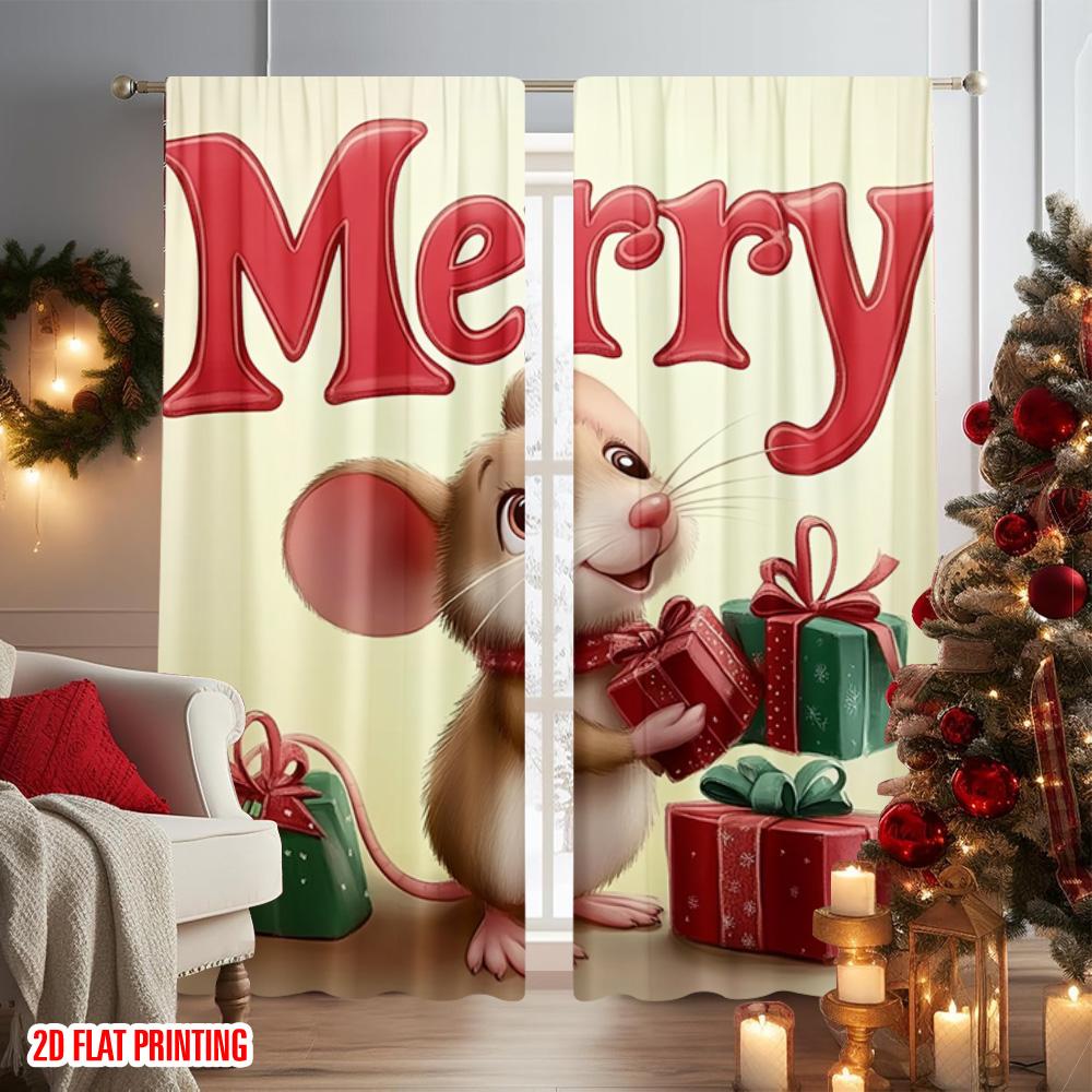 2pcs 2D flat printing Merry Christmas Party Curtains Christmas Mouse_ Versatile Durable Polyester Without Electricity Holiday
