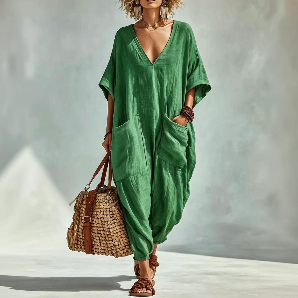 Women's Linen V Neck Jumpsuit with Pockets Wide Leg Romper