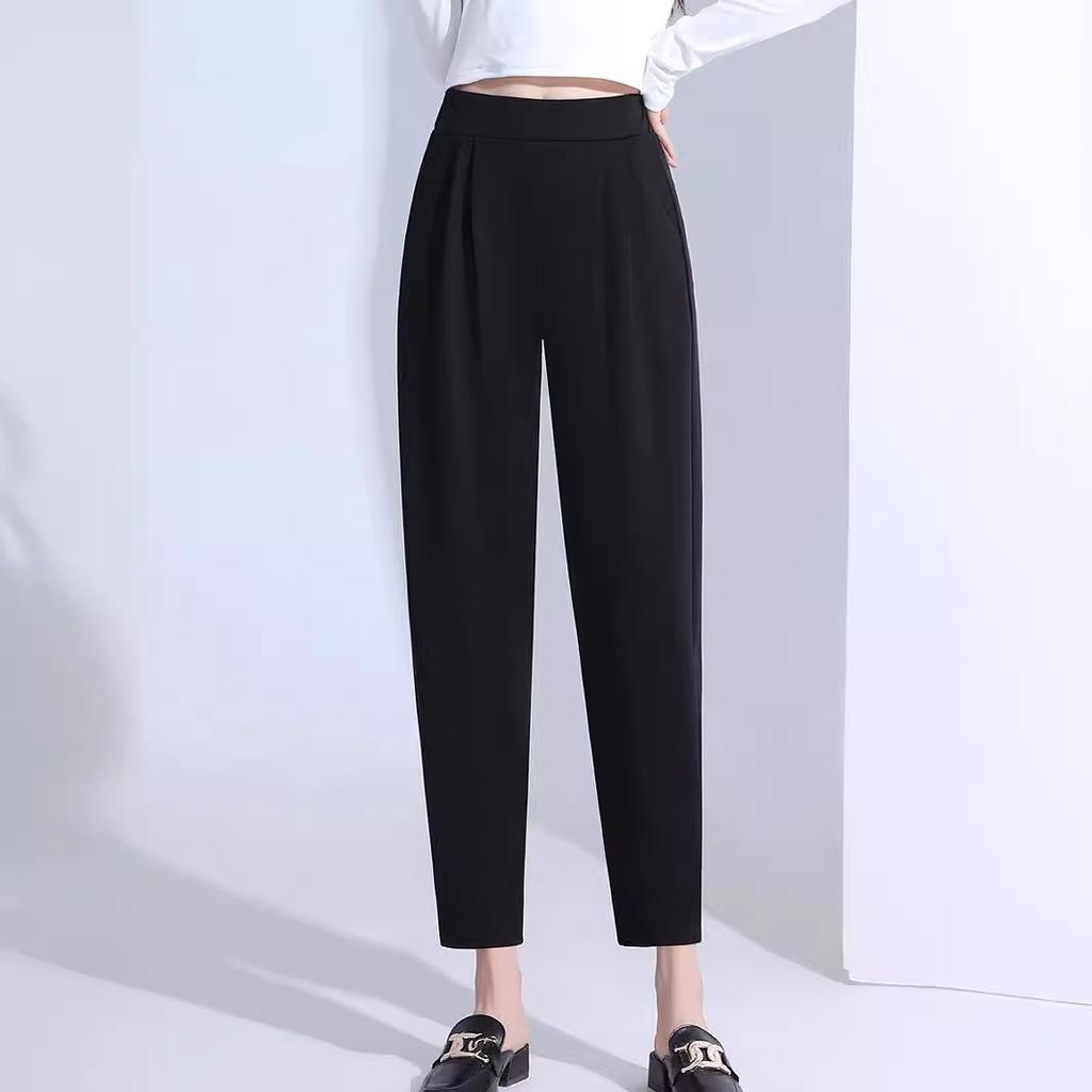 Women High Waist Straight Cropped Pants High Elastic Harem Pants With Pockets Slim Fit Tapered Trouser