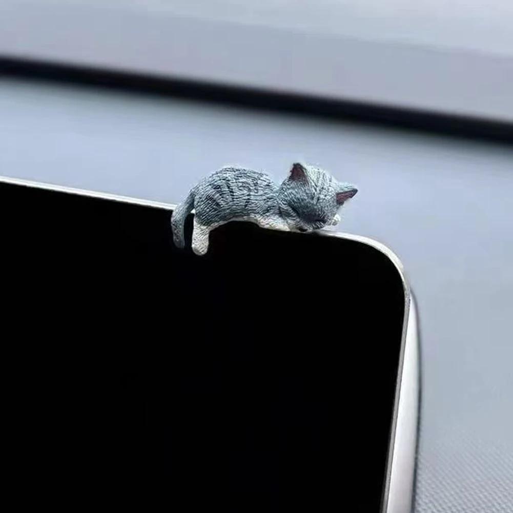 1Pc Cute Cartoon Cat Ornament Car Center Console Navigator Screen Sleeping Cat Decoration For Display Lying Cat Animal Sculpture