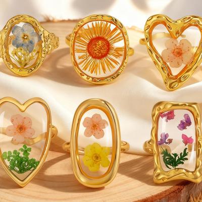 Geometrischer Edelstahl-Blumen-Transparenter Ring für Damen Runder Sonnen-Herzförmiger Blumenring Öffnungs-Fingerring Schmuck Geschenk