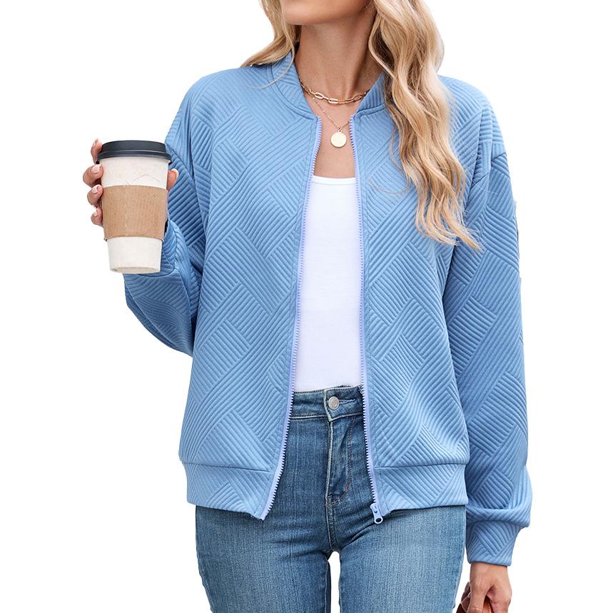 Women's Textured Zip Up Bomber Jacket, Autumn Winter V-neck Long Sleeve Baseball Coat, Loose Casual Lightweight Outerwear for Daily Wear