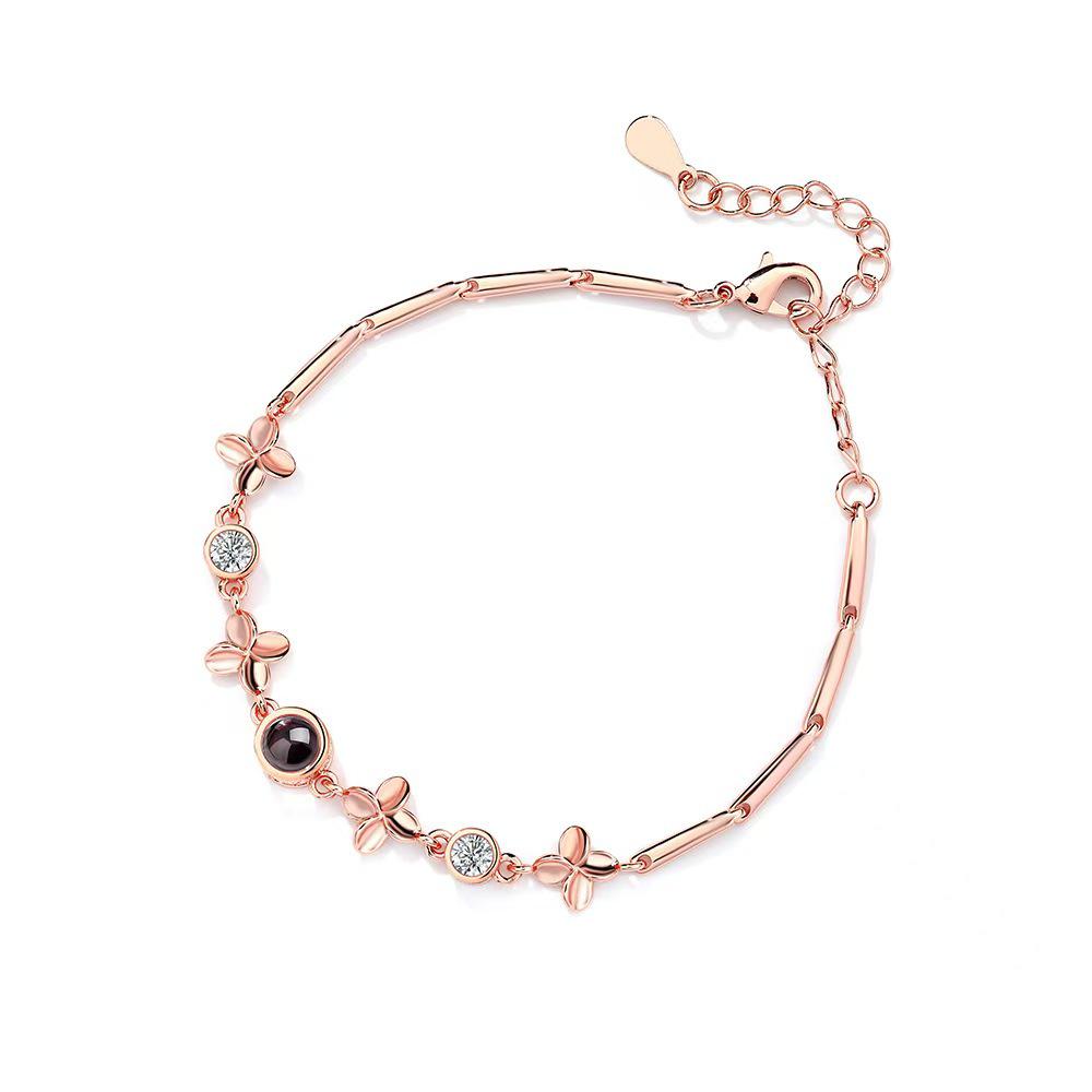 S925 Sterling Silver Four-Leaf Clover 100 Languages Projection Bracelet