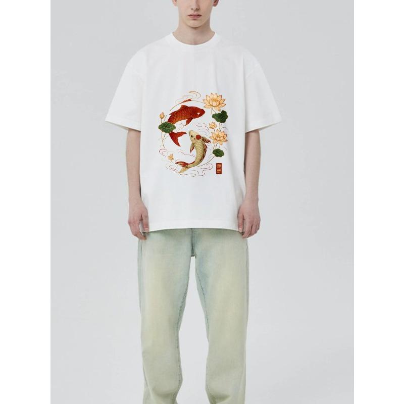 Koi Fish Lotus Flower Printed Black T Shirt for Men Casual Streetwear Summer Outfit with Chinese Calligraphy Design