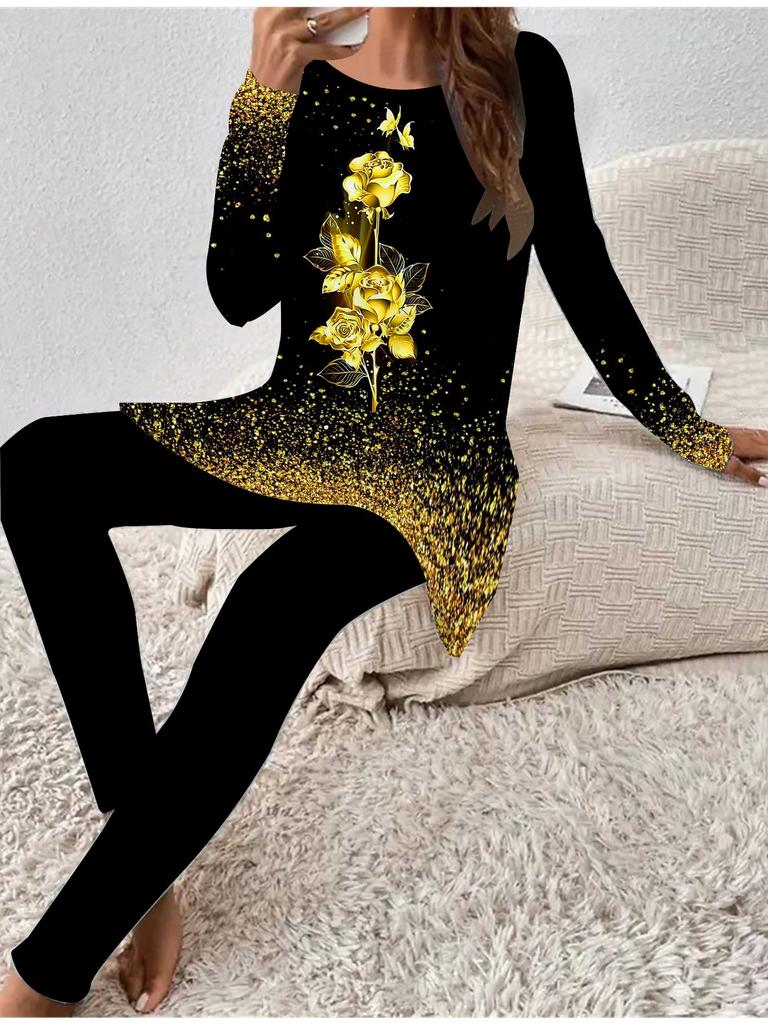 Euro-amerikanische Mode 3D Schmetterling bedrucktes Damen Vier-Jahreszeiten Langarm-T-Shirt + Lange Hose Zweiteiler. Perfektes Geschenk für Neujahr & Weihnachten