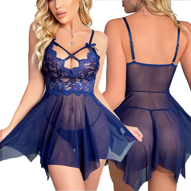 Adult Women's Blue Perspective Printed Pattern Sexy Slim Fit Minimalist Style Suspender Backless Underwear Set Mini Skirt