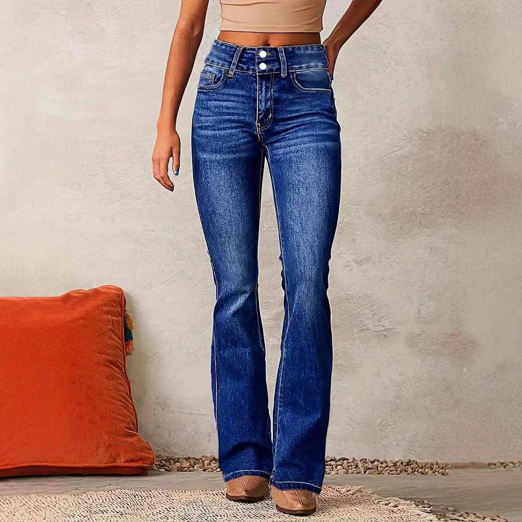 Nouveau jean évasé stretch vintage pour femme, pantalon en denim délavé taille moyenne avec jambe légèrement évasée pour le style de rue printanier