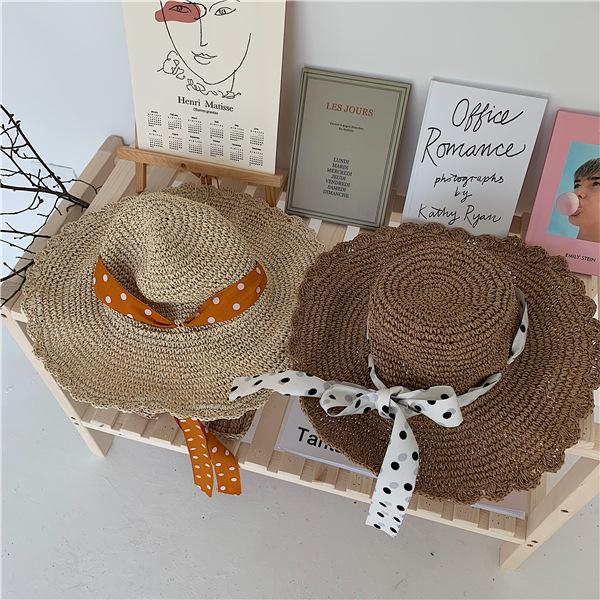 Pastoral cute polka dot streamer bow straw hat women's vacation beach sunscreen big eaves straw visor hat