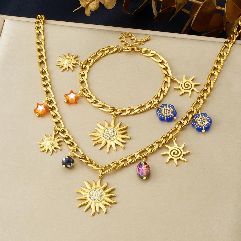 DIEYURO 316L Stainless Steel Golden Sun Inlay Zircon Colored Crystal Flower Pendant Necklace Bracelet Set Lady New Trend Jewelry