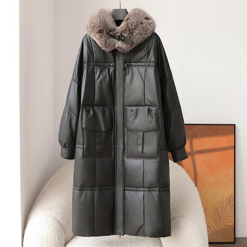 

Женская длинная куртка из овчины и гусиного пуха с воротником из лисьего меха Double Extra Large чёрный