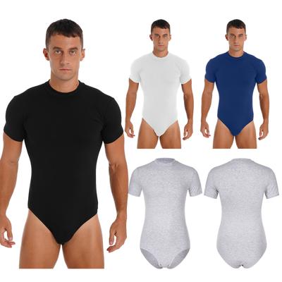 Mens Crew Neck Short Sleeve Leotard Undershirt Press Button Crotch Bodysuit Casual Solid Color Skinny Fit Jumpsuit