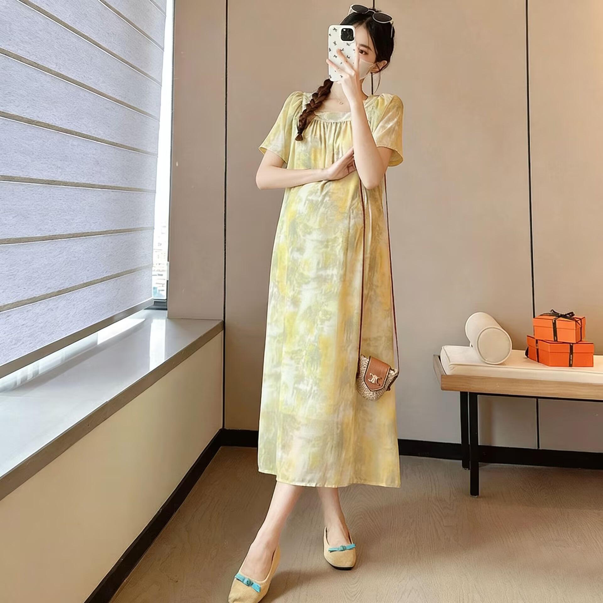 2026 Summer Maternity Square Neck Short Sleeve Dress 2XL
