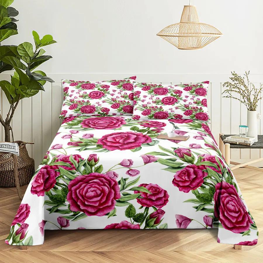 Pink Floral Bed Sheet Set Pillowcase Bedding Linens Cover Flower Queen King Twin Full Size for Single Double Bed Soft Thin