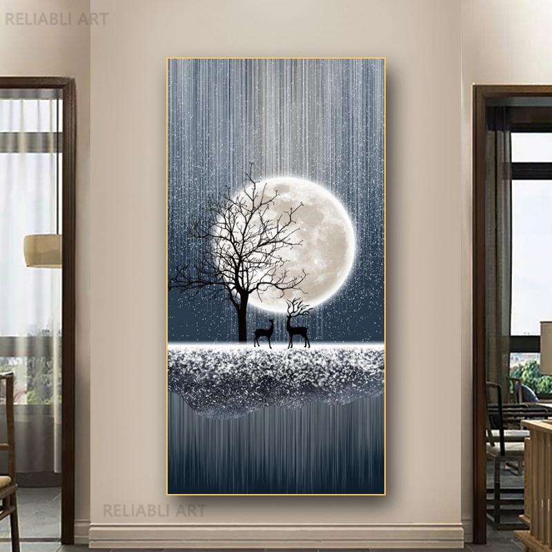 New Chinese Fengshui Golden Deer Canvas Painting Abstract Zen Stone Posters and Prints Modern Luxury Wall Art for Porch Decor