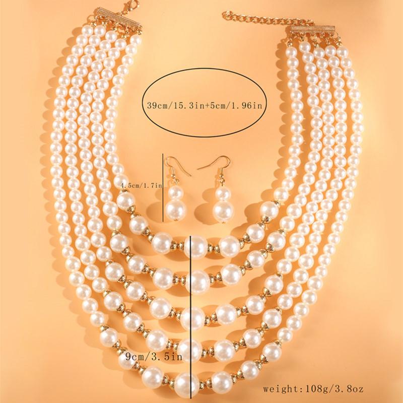 Kymyad  Sets Simulated Pearl Beads Multilayer Necklace Earrings Set For Women Bijoux Statement Collar Necklace Set