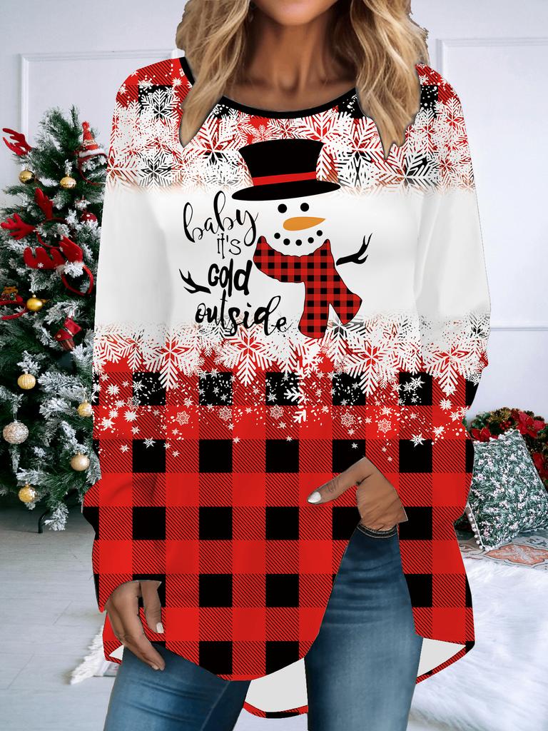 Storlek Dam Vår Jul Renmönstrad Bekväm Långärmad Rundhalsad T-shirt Casual Rymlig Mellanlång Tee Toppar