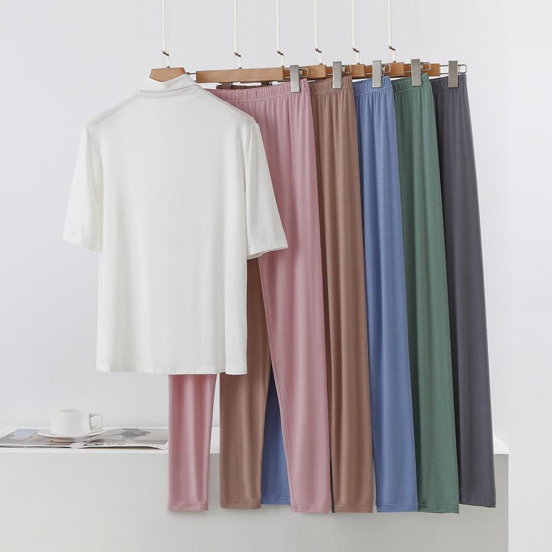 Spring/Summer Women's Half-High Neck 3/4 Sleeve Modal Lounge Set - Lightweight, Loose, Plus Size Casual Wear