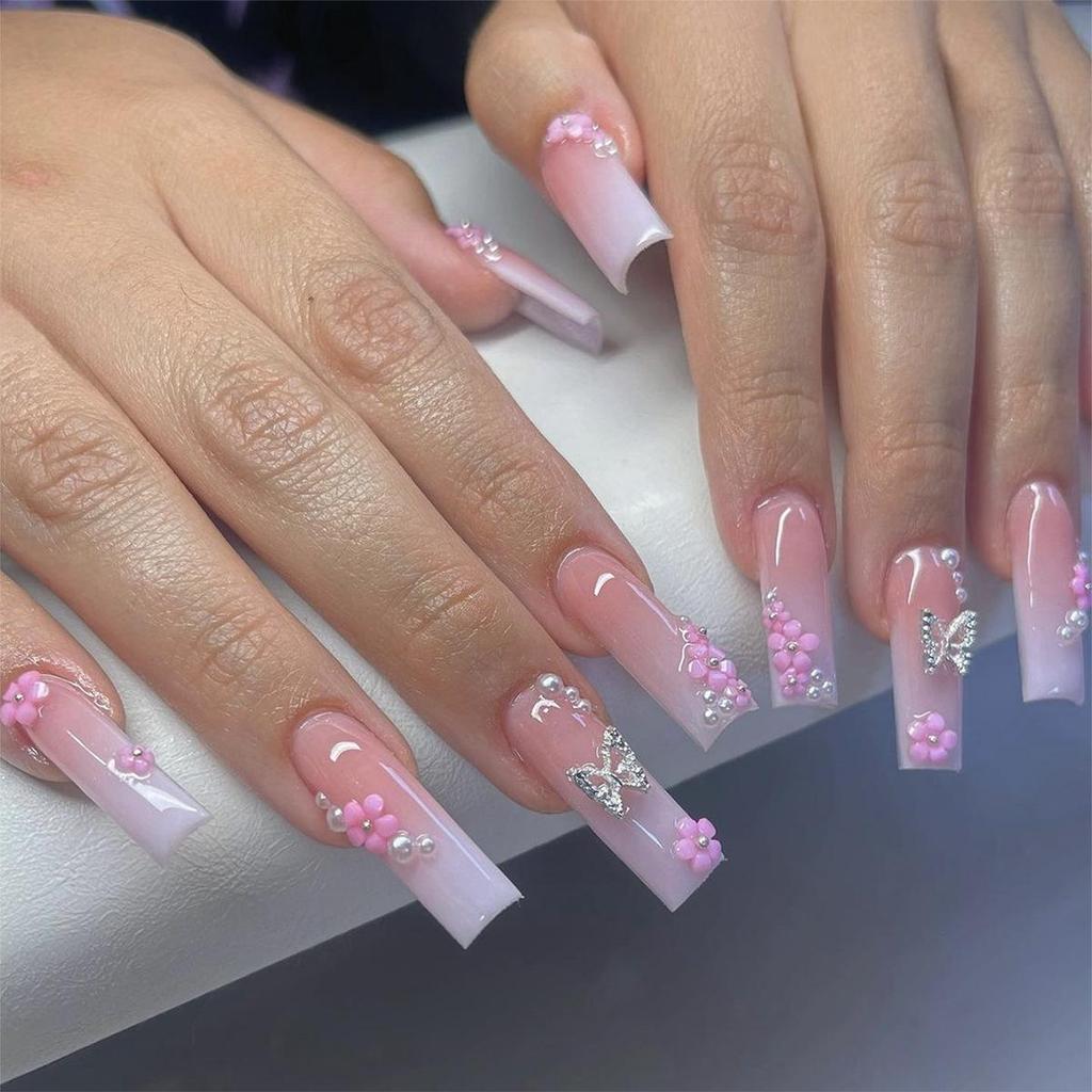 24-Piece Gradient Long Coffin Nail Set with Flower, Rhinestone, Butterfly, and Pearl Designs