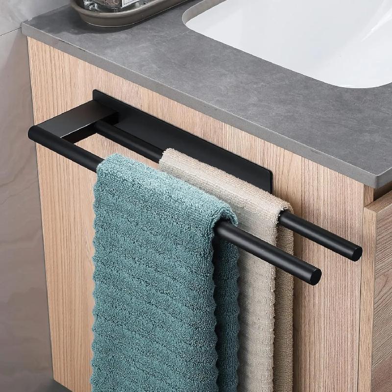 Bathroom Towel Racks No Drill Double Adhesive Towel Bar Stainless Steel Black 39 CM Towel Rack for Bathroom and Kitchen