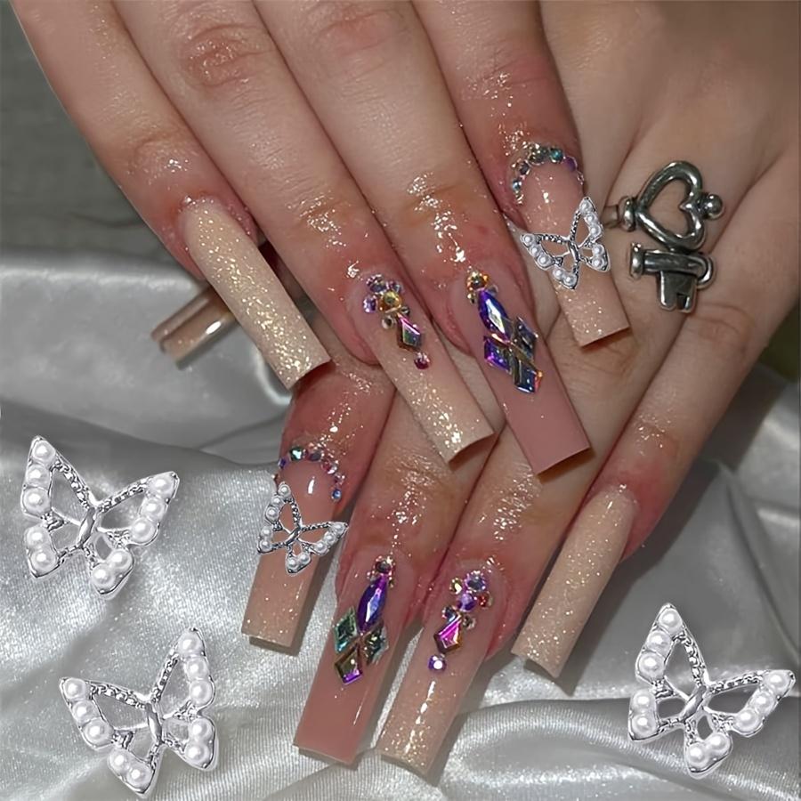 

10 шт., подвески для дизайна ногтей с золотой бабочкой, 3D-сплав для дизайна ногтей с жемчугом, блестящая бабочка с кристаллами для дизайна ногтей, маникюрный салон «сделай сам»