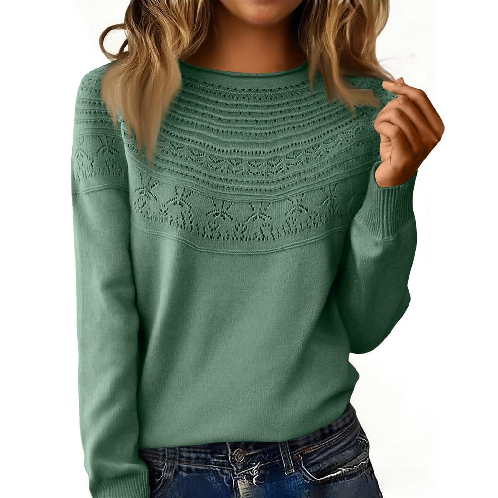 Women's Fashion Rolled-Collar Round Neck Lace-Up Pullover Knit Sweater Long Sleeve Solid Color Sweater