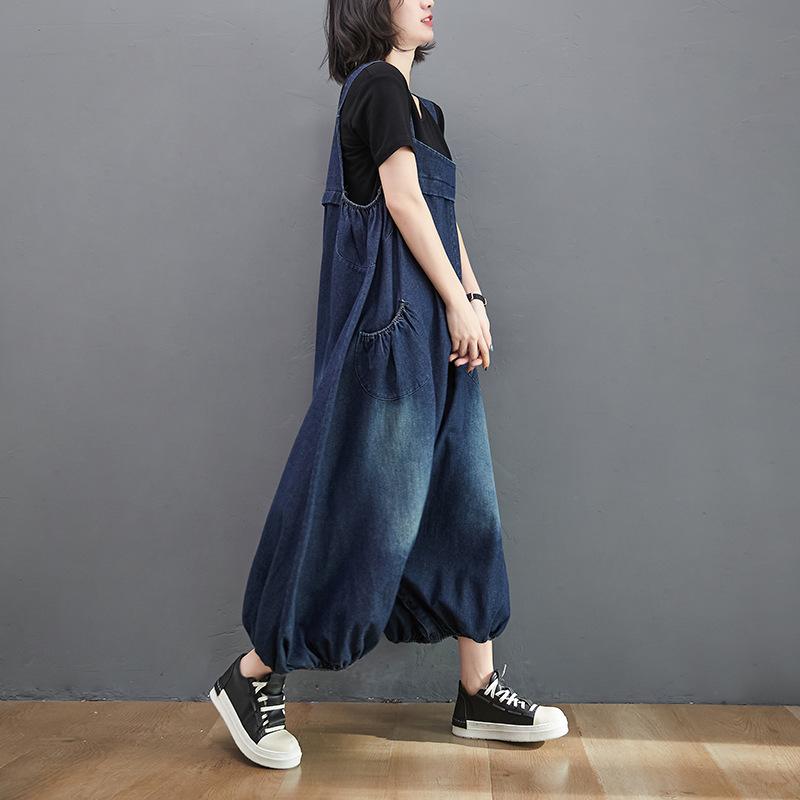 Spring Summer Vintage Denim Overalls Women's Oversized Loose Strap Lantern Pants Fashion Wide leg pants Women Streetwear
