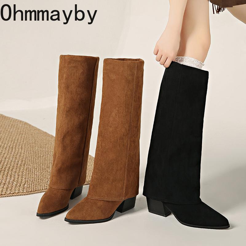 Fashion Splicing Women Knee High Boots Square Heels Party Stripper Shoes Ladies Autumn Winter Pointed Toe Long Booties