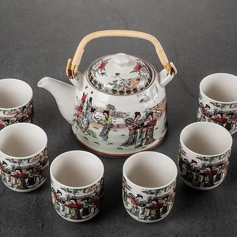 Retro Celadon Ceramic Teapot Set with 6 Cups