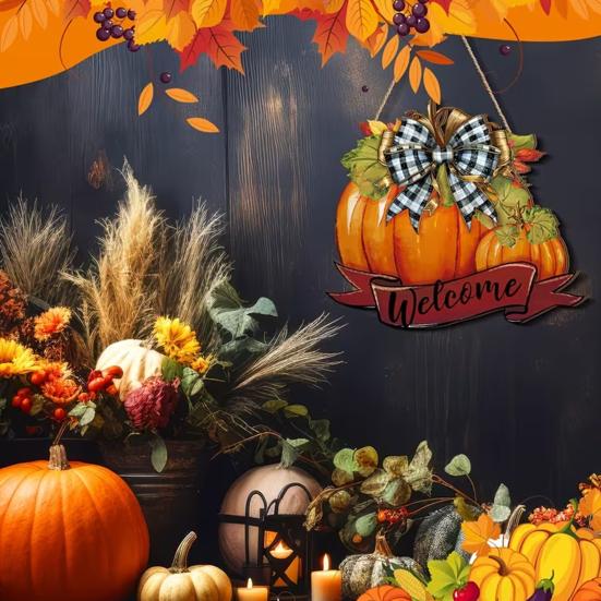 High-definition Printed Pumpkin Fall Welcome Sign, Thanksgiving Door Hanger, Wooden Decor Solid Wood Hanging Porch Sign for Autumn Harvest Farmhouse