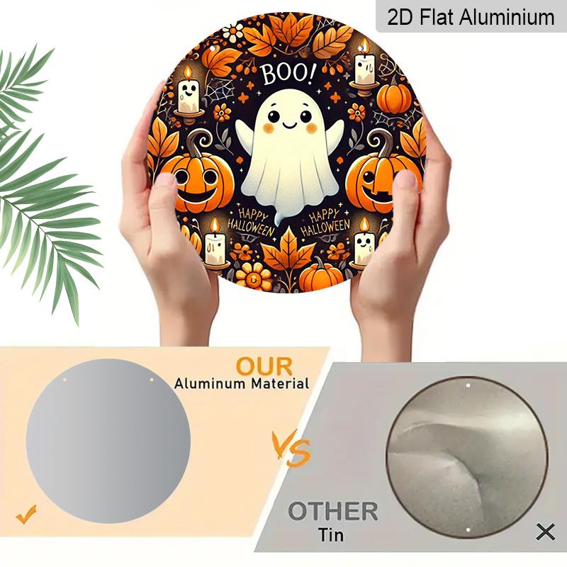 2D Flat, 1pc Vintage Metal Spooky Halloween Wall Sign - Round Aluminum Wall Hanging Decor with Ghosts, Pumpkins, Bats & Cobwebs - Featherless