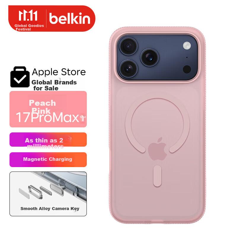 BELKIN iPhone 17 Pro Max Full Coverage Magnetic Phone Case, Pink Semi-Transparent Phone Protective Cover