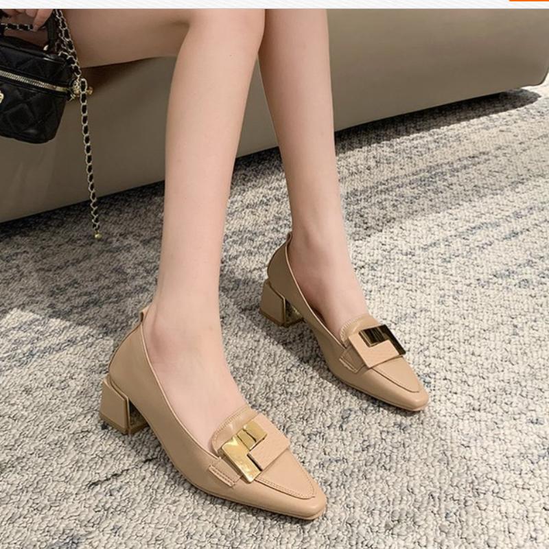 Fashion Women's Spring Season Medium Heel Comfortable Soft Work Shoes Genuine Sheepskin Coarse Heel Pointed Toe Loafers