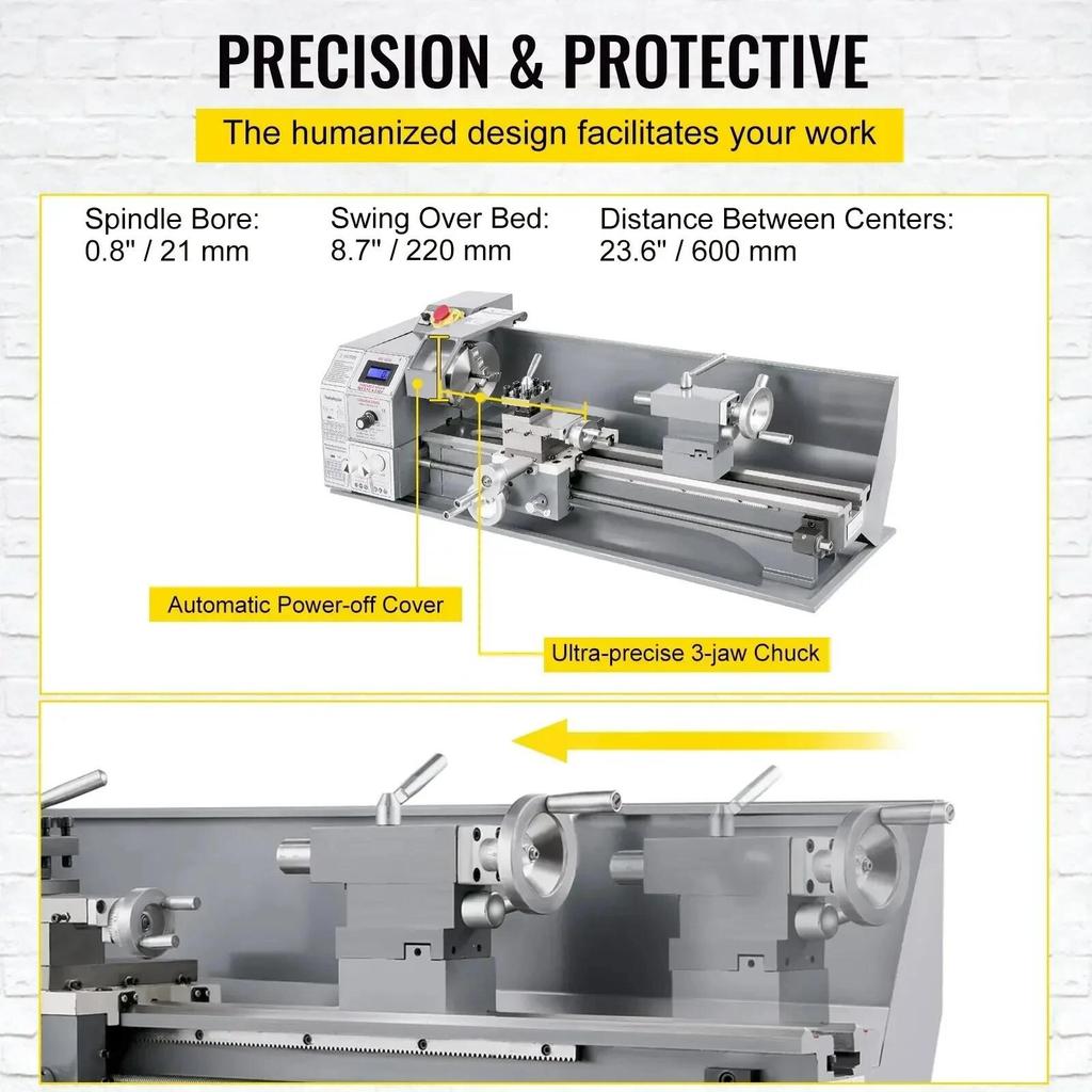1100W Mini-Drehmaschine Mini-Metall-Drehmaschine 38mm Spindel 3-Backenfutter 220x600mm
