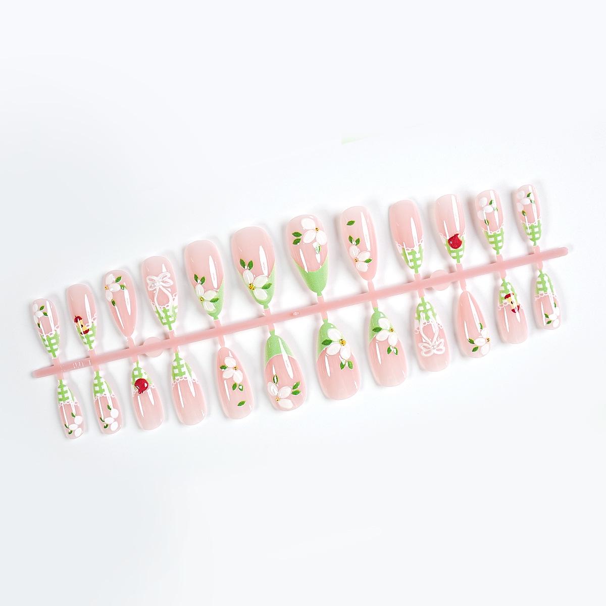 Fresh Green French Wearable Nails: Hand-Painted White Flowers & Bow Design, 24 Pieces - Gentle Style