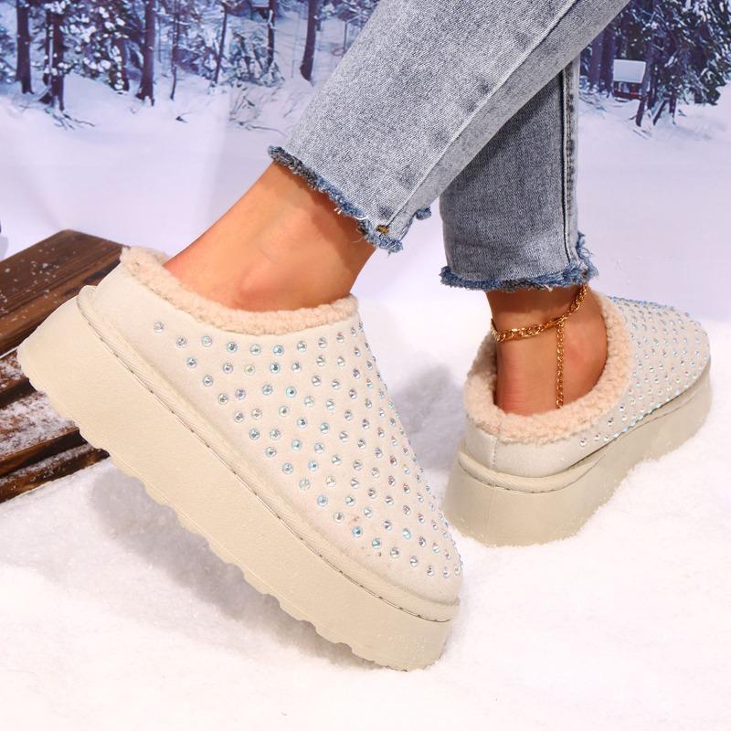 Fashion Women Flats Slippers Crystal Platform Suede Mules Shoes Fur Shoes 2025 Casual New Winter Warm Cozy Woman Flip Flops Trend Slides