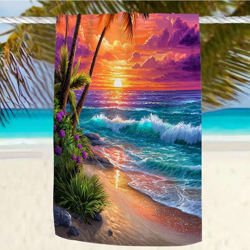 Extra Large Microfiber Beach Towel & Mat, Tropical Sunset Palm Print, Quick Dry Durable for Pool Yoga Camping Travel