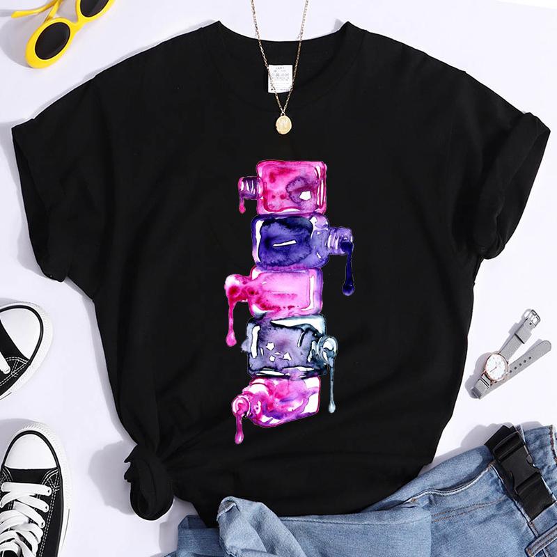 Women's Nail Polish Printed T-shirt, Makeup, Beauty, Aesthetics, Pattern, Women's Clothing, Black, Clothing Summer Streetwear