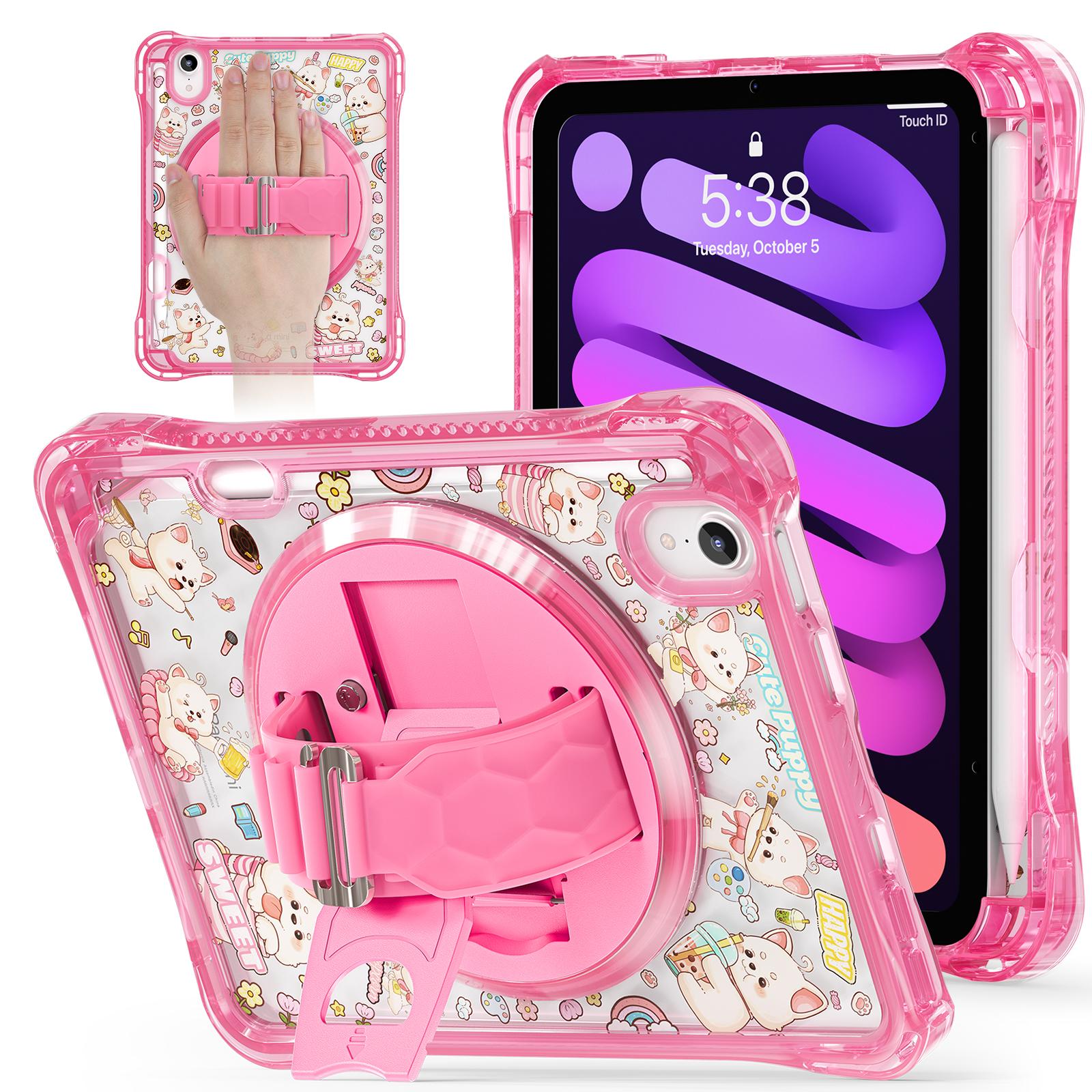 

For iPad mini (2024)/(2021) Case Kickstand Hand Strap Imprint PC+TPU+Acrylic Tablet Cover Pink