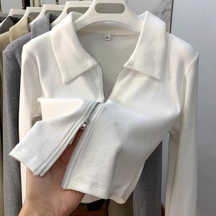 French sweet double-ended zipper lapel long-sleeved cardigan women's spring and autumn design sense slim-fitting front shoulder short top outside