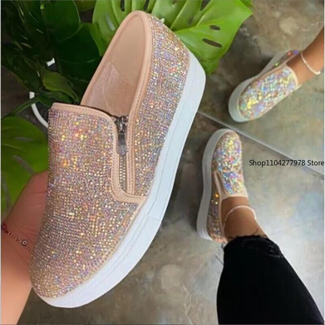 Fashion Woman Sneakers Platform Vulcanized Women Bling Crystal Loafers Autumn Women's Casual Flats Female Zip Sport Shoes Flats