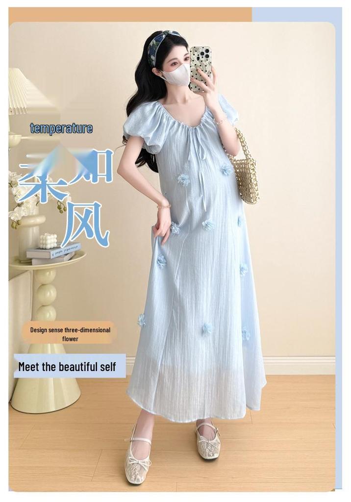 2026 Summer Korean Style Puff Sleeve Knee-Length Maternity Dress