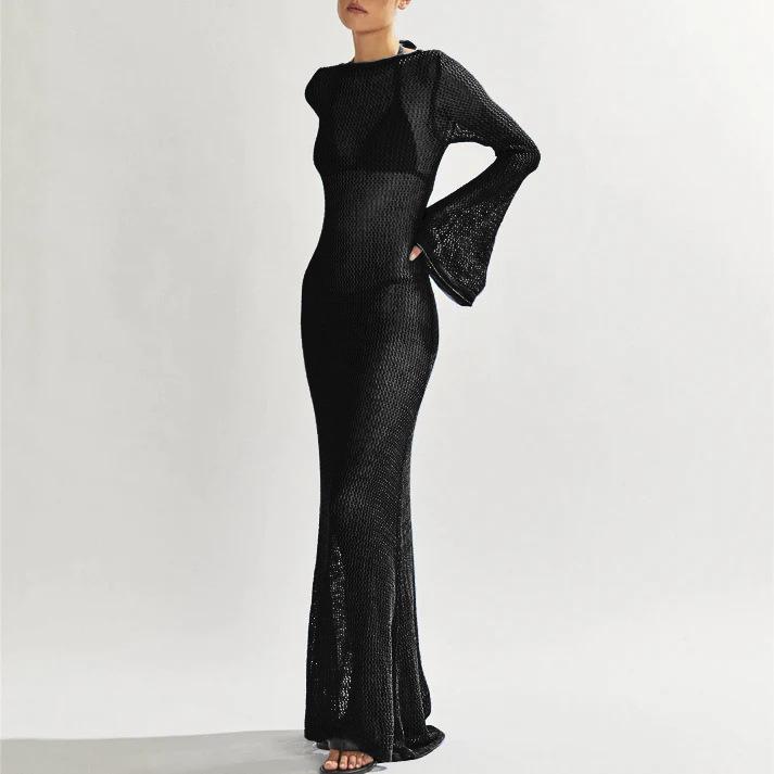European & American Women's Summer Knitted Backless Long-Sleeve See-Through Floor-Length Dress