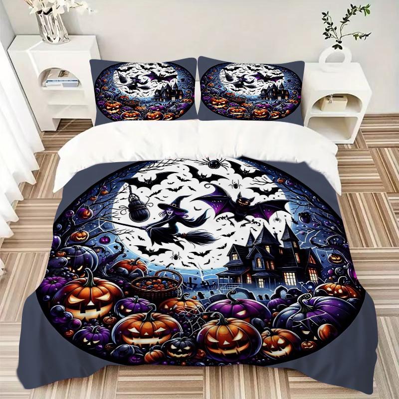 3pcs Bat Witch Pumpkin Halloween Pattern Bedding Three-Piece Set (No Fillings), Suitable for Bedrooms and Guest Rooms.N004